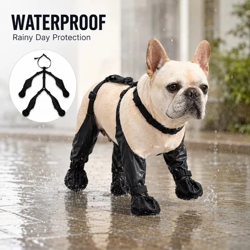 Waterproof Four-Leg Connected Dog Boots, Adjustable Anti-Slip Paw Protectors for Small and Medium Dogs, Rain Snow and Mud