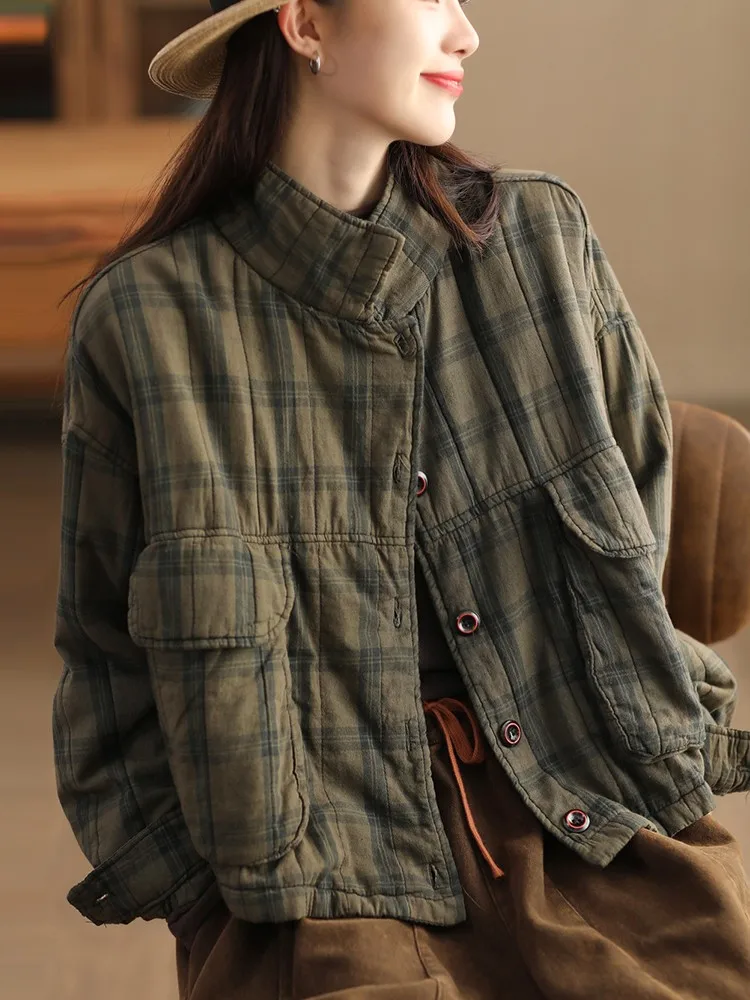 Women Casual Padded Jackets New Arrival 2023 Autumn Winter Vintage Style Plaid Pattern Loose Female Thick Warm Coats B3162