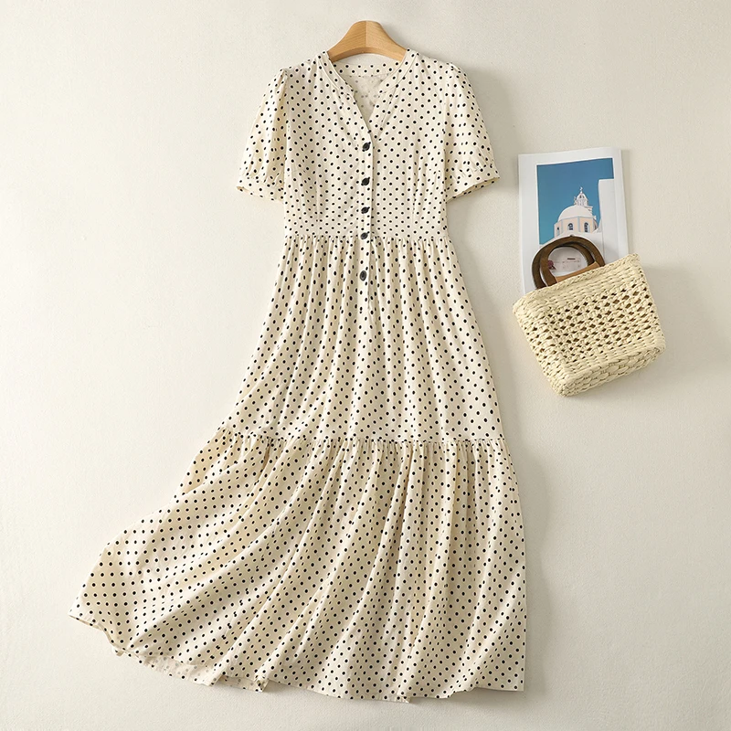 Summer V-Neck Polka Dot Short Sleeve Dress Women's Slimming Casual Loose Long Dress Commute Style Other Material 100%