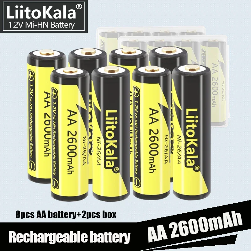 8PCS LiitoKala Ni-26/AA 1.2V AA 2600mAh Ni-MH Rechargeable Battery for Temperature Gun Remote Control Mouse Toy Batteries