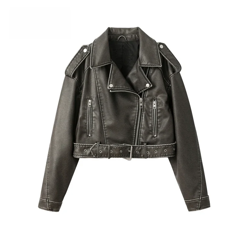 2024 New Coal graysty le Women's washed leather jacket with belt, short coat with downgraded zipper and vintage lapel jacket