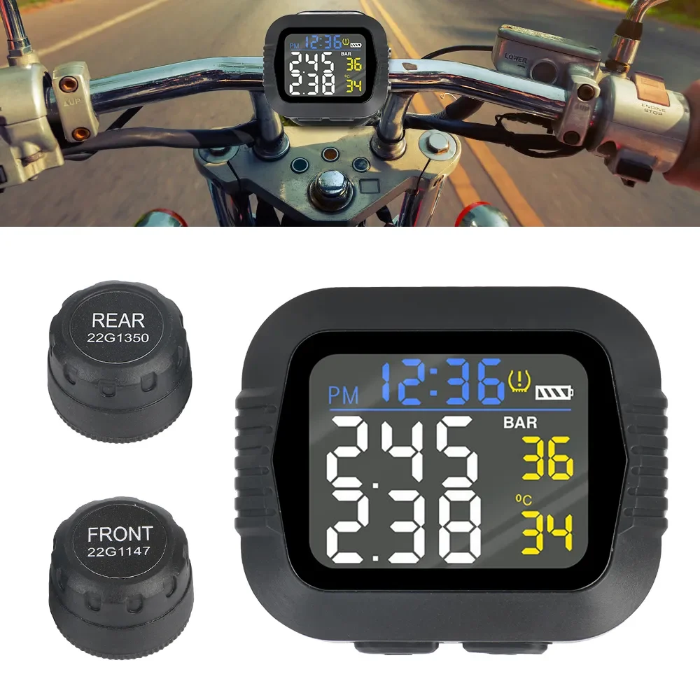 

Motorcycle TPMS Tire Pressure Monitoring System Temperature Alarm With 2 External Sensors Moto Tyre Alarm Systems Real Time