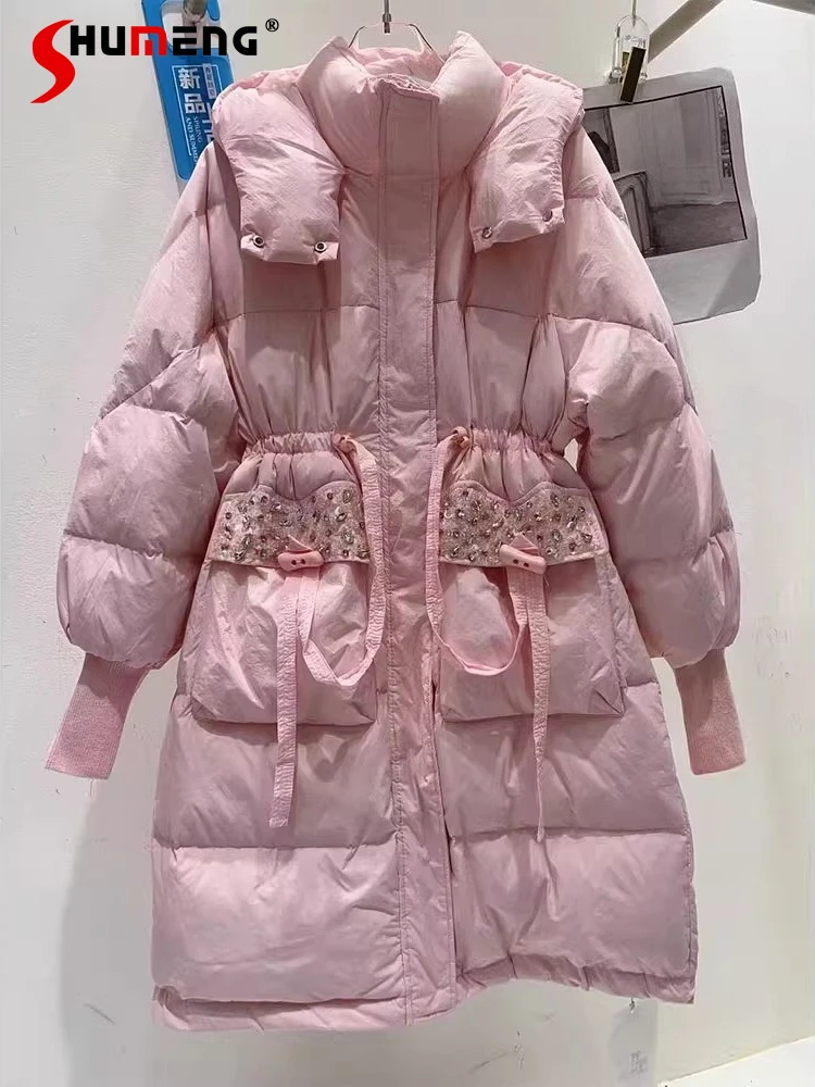 

Women's Down Jackets 2025 Winter New Trendy Sweet Rhinestone Pocket Waist-tight Down Coats Chic Mid-Length White Duck Down Coats