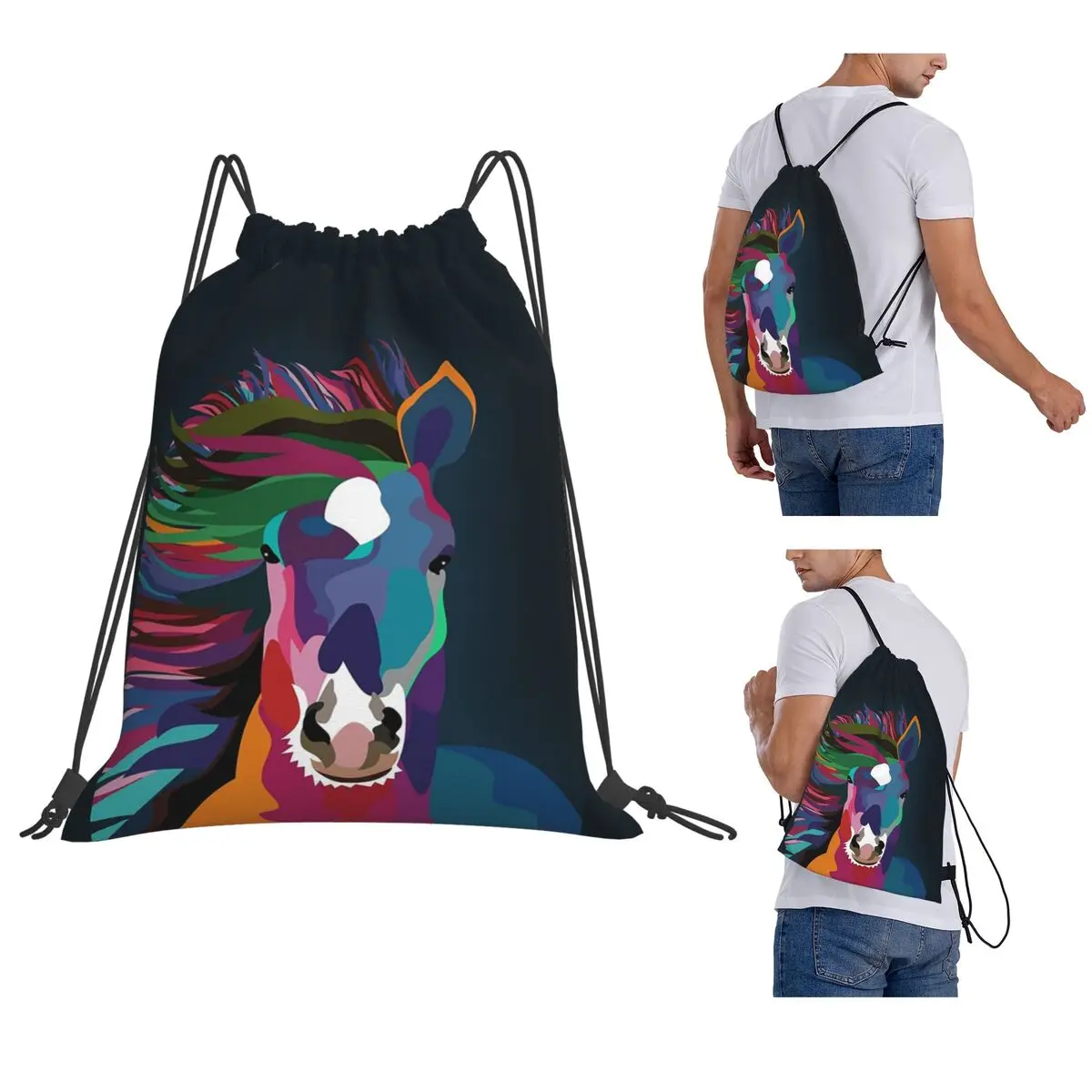 Horse Running Backpacks Casual Drawstring Bags Storage Bag Book Bags for Travel Students