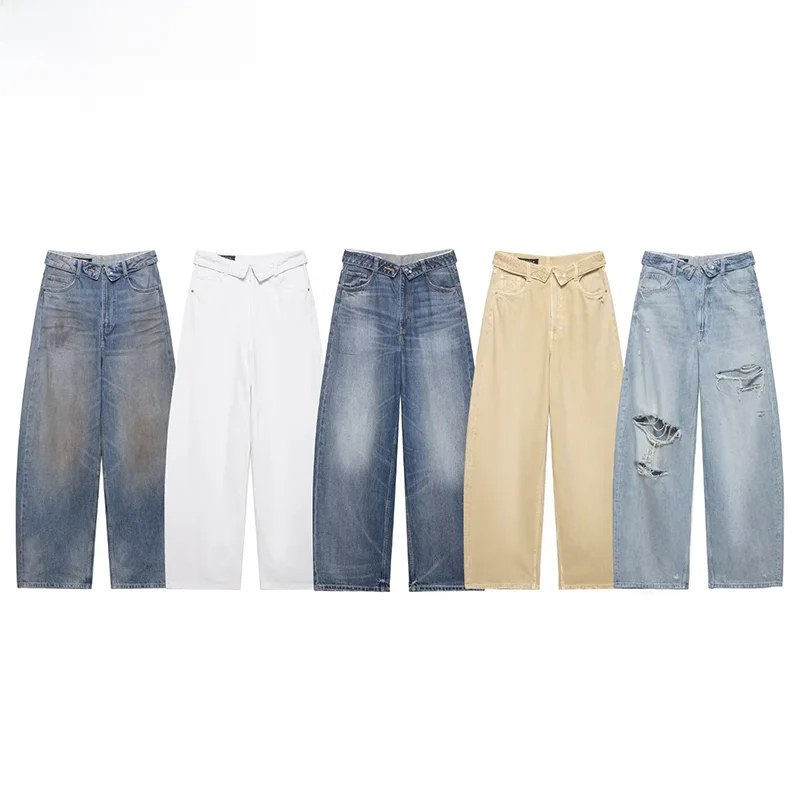 Fashionable Cuffed Denim Jeans Mid-Waist Spring New Style Women's Casual Pants Wide Leg Pants Natural Waist Polyester Fiber