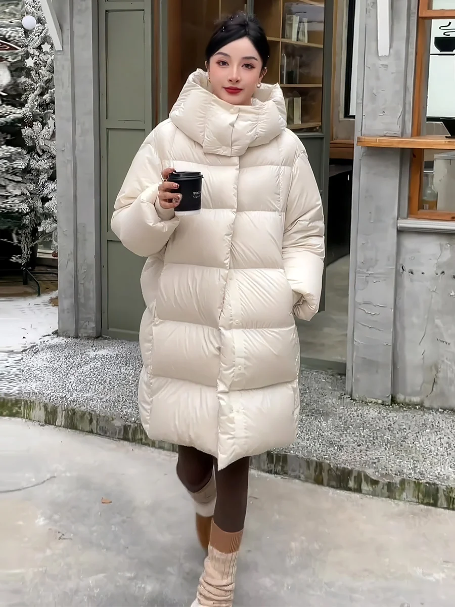 

Women's Mid-Length Du down Jaet 90% White Du Feather Hooded Coat Warm Bread Sle Outerwear Winter New Arrival Beige