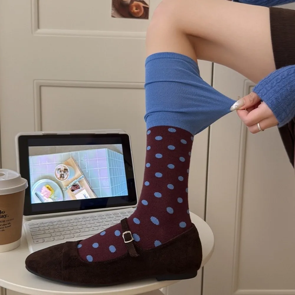 Polka Dot Pattern Mid Calf Socks Contrast Top Mid Calf Length Stacked Socks Slim Fit Fall Winter Weight Dress Socks
