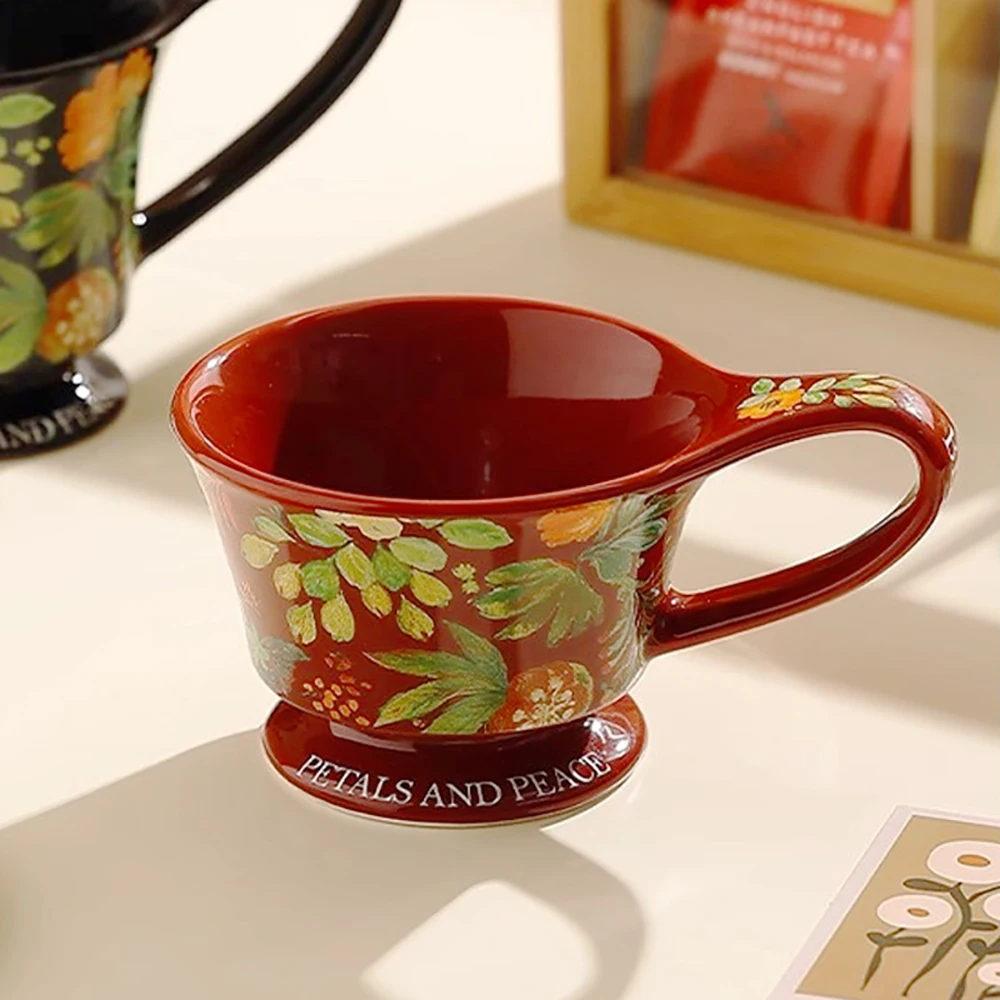 Elegant Footed Ceramic Mugs Retro Floral Paint Cups with Handle Coffee Milk Elegant Afternoon Tea Juice Cup Christmas Gift