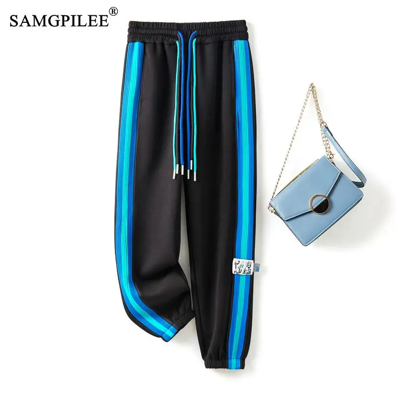 

2022 Spring New Fashion Side Stickers Strips Narrowing Elastic Waist All-match Casual Pants Sweatpants Slim Women's Pants y2k