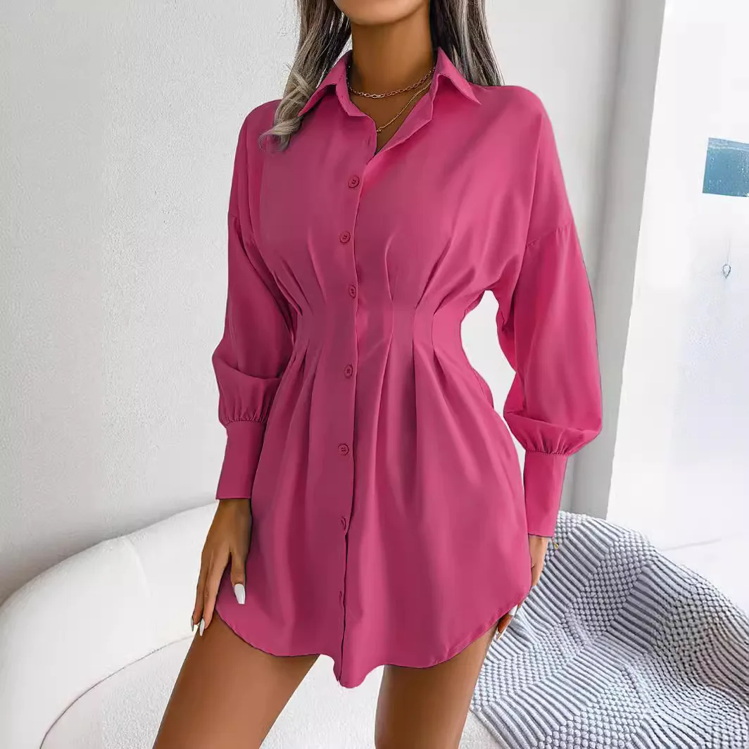 Abito camicia elegante casual a maniche lunghe per donna Vita stretta Slim Fit abbottonato Top solido Stile coreano Moda primavera autunno