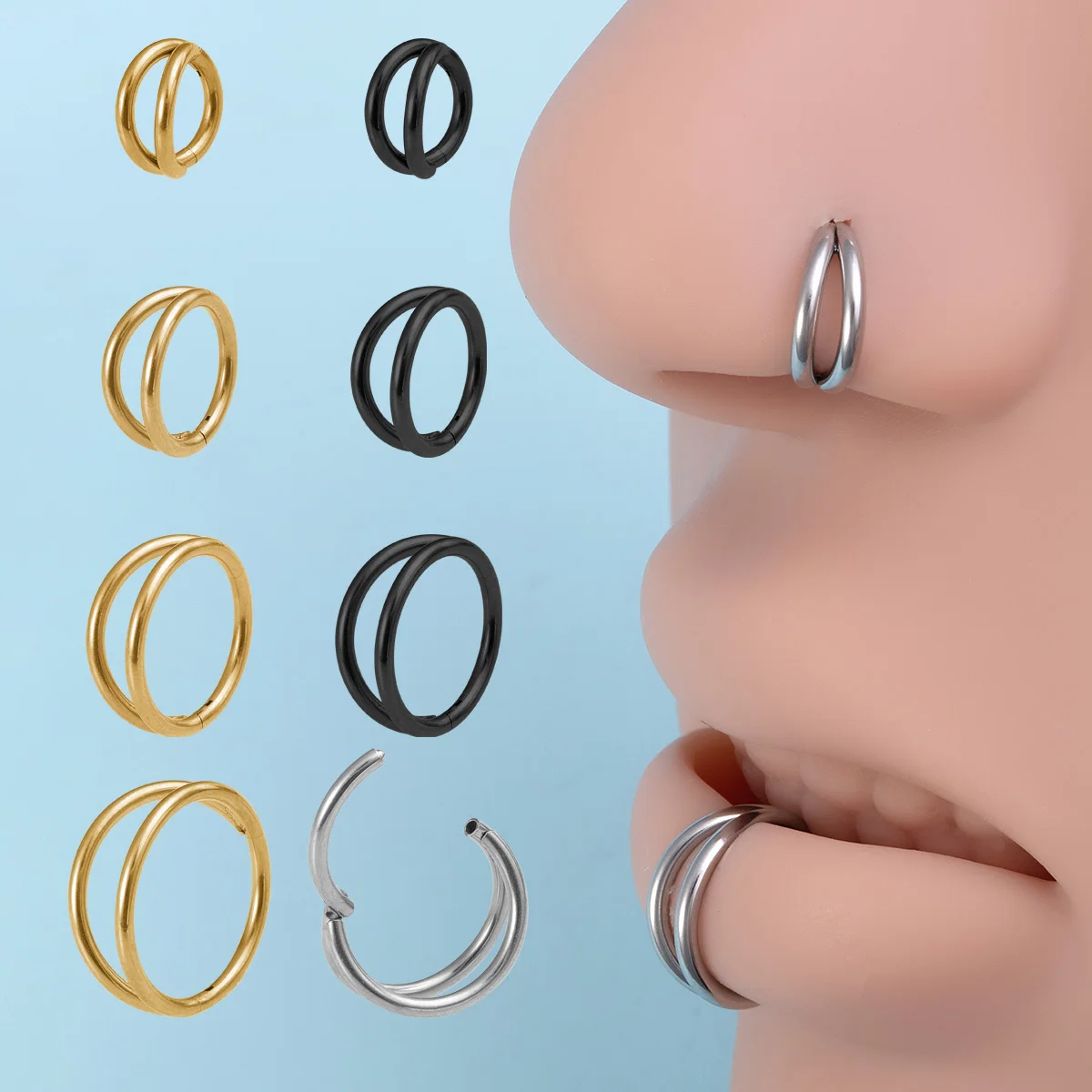 1pc 6-12mm 16G Surgical Steel Nose Ring Hoop Septum Clicker Double Layers Seamless Hinged Piercing Conch Daith Cartilage Earring