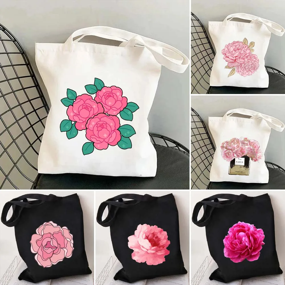 Beautiful Watercolor Ink Pink Coral Peonies Flower Peony Garden Womens Canvas Shopper Cotton Totes Bag Shopping Shoulder Handbag