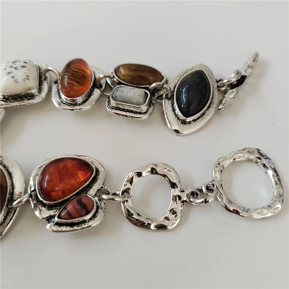 2024 New ZA Indian Fashion Silver Plated Vintage Statement Bracelets Women Boho Ethnic Resin Stone Resin Bracelets Jewelry