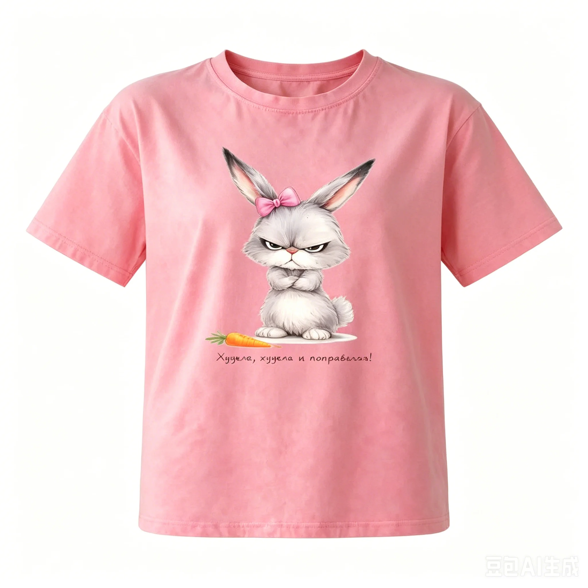Chic Cute Grumpy Bunny with Bow Print Washed Pink Oversized Cotton T-Shirt Sweet Women Cartoon Graphic Tee Campus & Brunch Style
