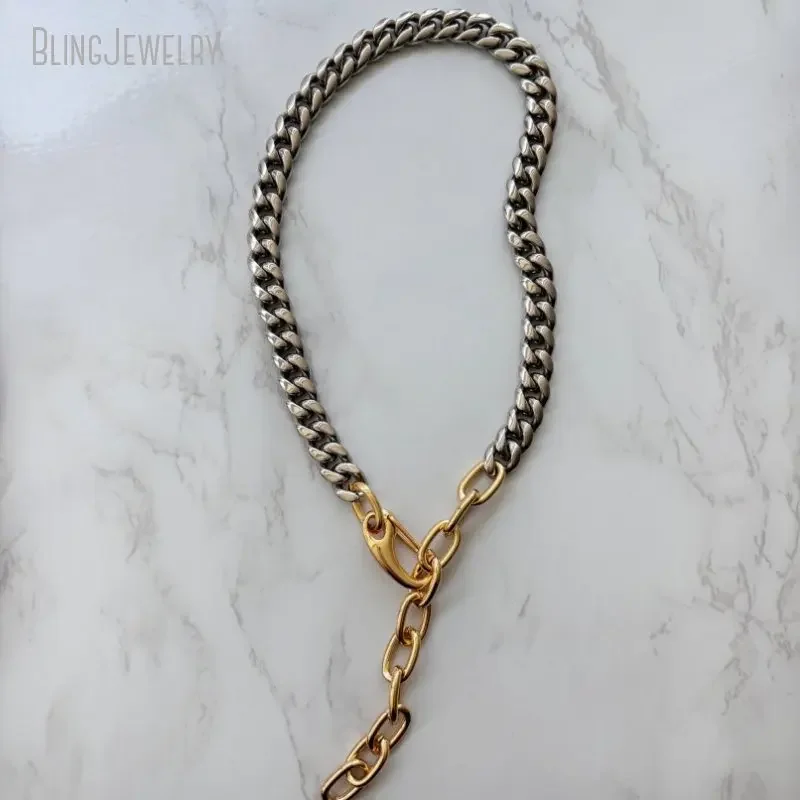 10pcs Chunky 2 Tone Stainless Steel Chain Lariat Necklace Thick Gold Color Statement Jewelry