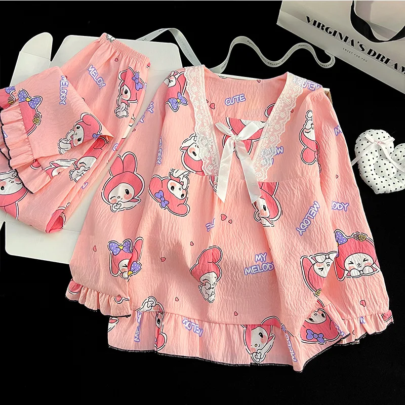 

Детская пижама Melody Hello Kitty для девочек, комплект для старших девочек, весенне-осенний, с длинными рукавами и брюками, в корейском стиле, домашняя одежда для девочек