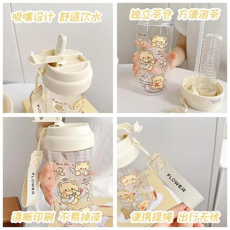 Para gran capacidad con taza de agua de oso de té, taza divisoria de plástico portátil, taza de paja transparente de mantequilla de verano de alto valor