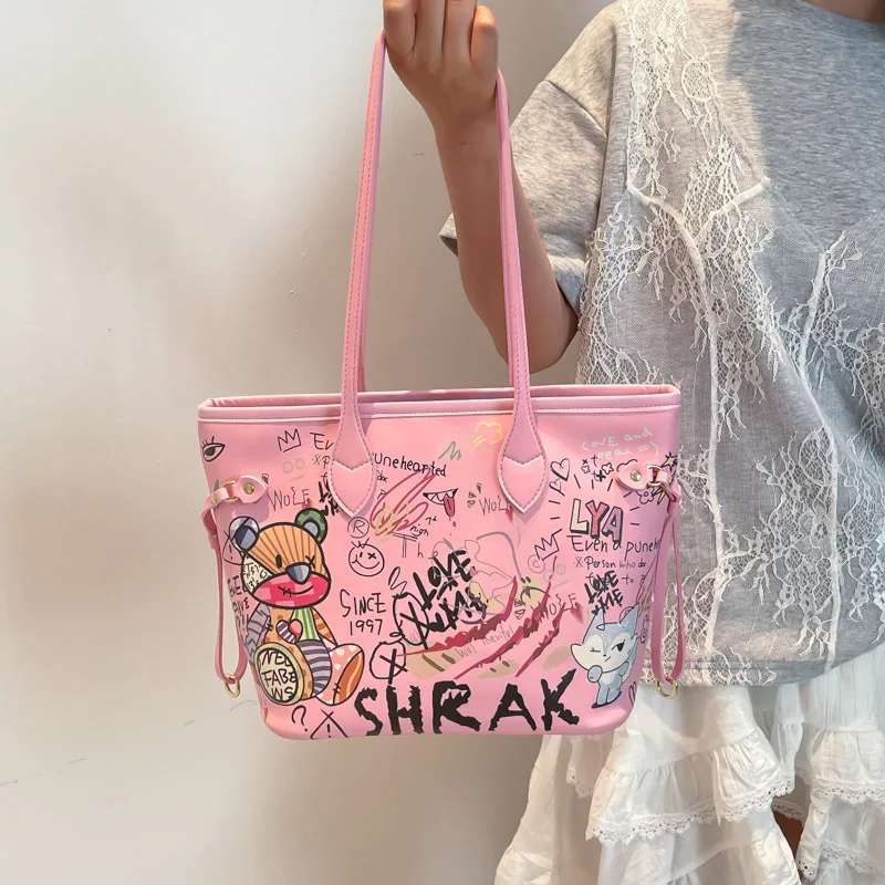 Women's Large Capacity Graffiti Tote Bag Cute Canvas Zipper Handbag Shoulder Bag for College Beach Work Stylish Purse