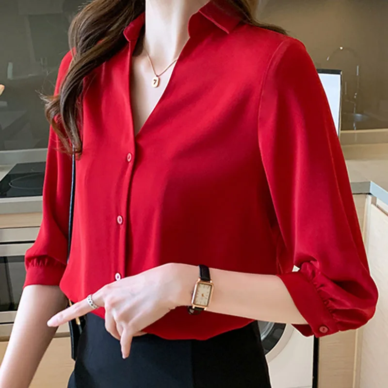 Chiffon Blouses Spliced 2022 Summer Red Shirt Women's V-neck Seven Sleeve OL Tops Ladies Fashion Clothing Button Elegant 1696