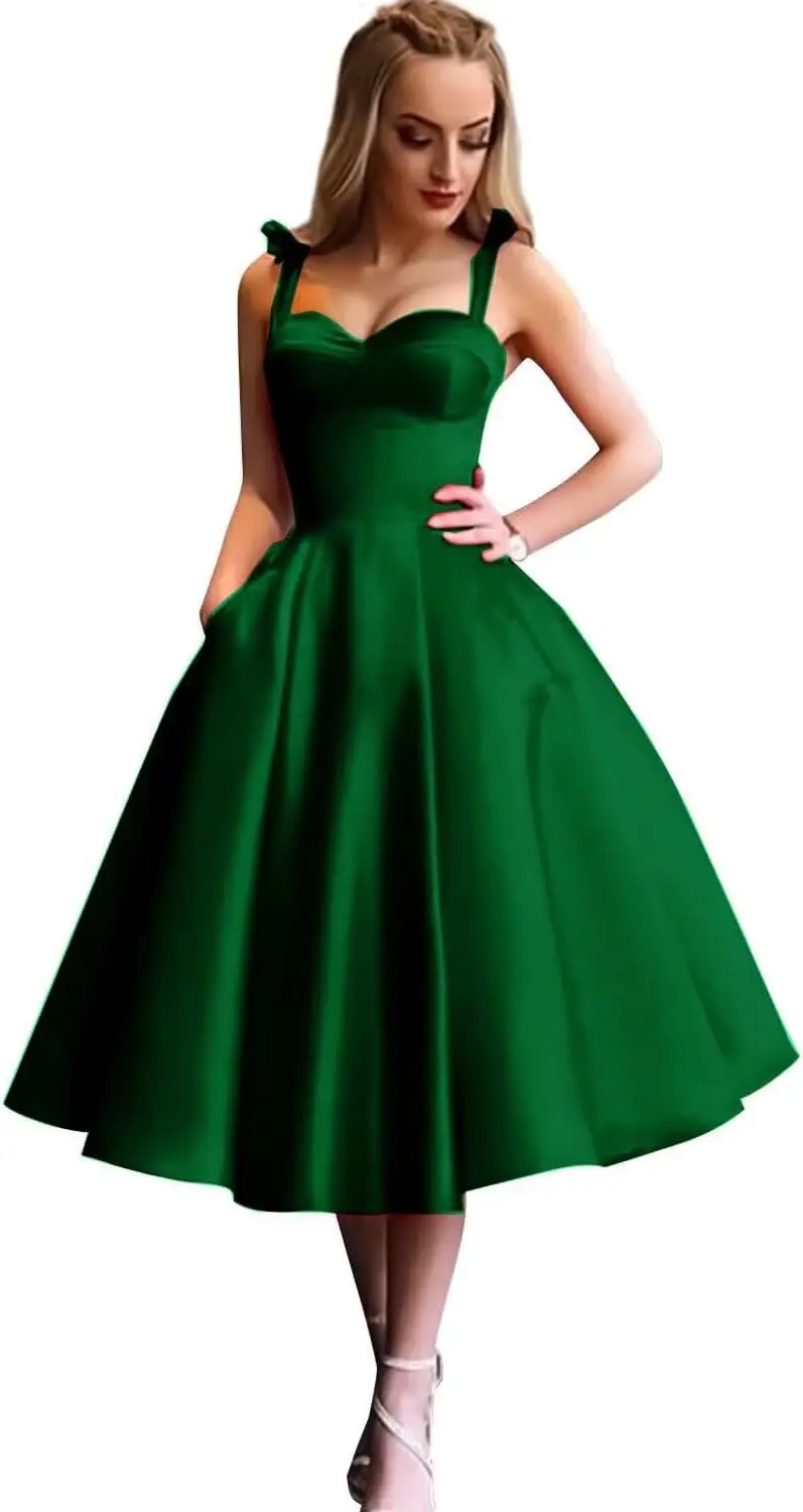 

Satin Tea Length Homecoming Dress for Teen Spaghetti Strap Short A Line Prom Cocktail Dress with Pockets evening gown bridesmaid
