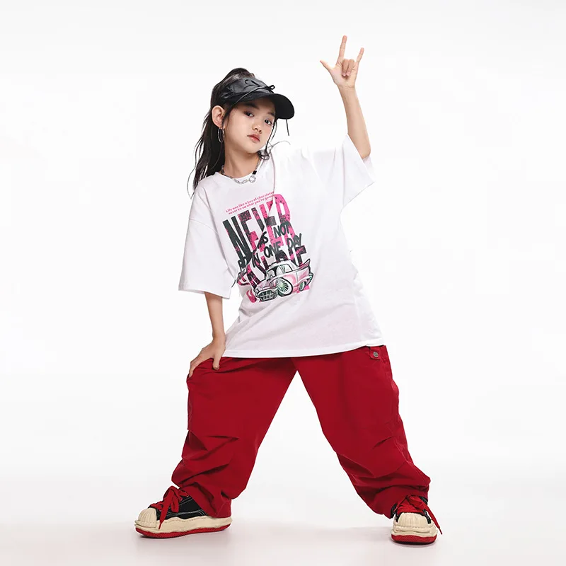 Set kaus lengan pendek untuk anak-anak, pakaian dansa Hip Hop lengan pendek, celana gadis Jazz, pakaian penampilan remaja, set mode untuk anak-anak