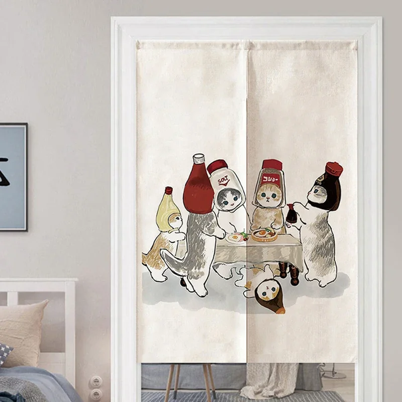 Cat Printed Japanese Door Curtain Living Room Bedroom Partition Cute Animal Curtains Drape Kitchen Entrance Hanging Half-Curtain