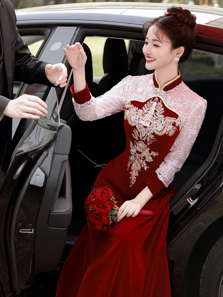 

Red Long Sve Engagement Wedding Dr Women's New Chinese Sle Autumn Winter Formal Dr A-Line Skirt Gown