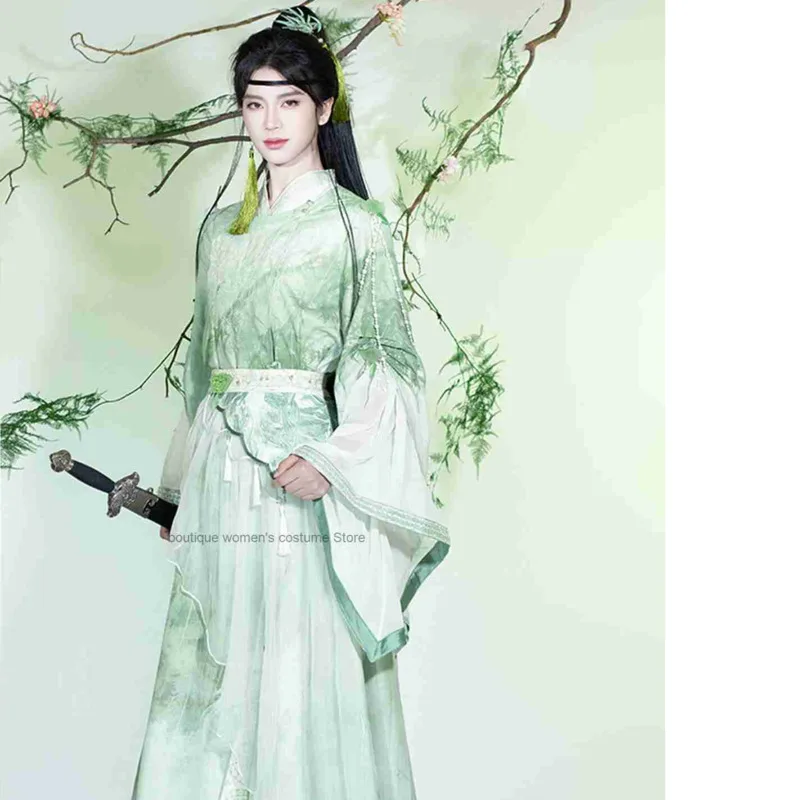 Tenue Hanfu pour homme, style Fu Yun Huayue Shifeng, version améliorée, brodée, de style ancien, verte, à manches larges, costume Hanfu féerique