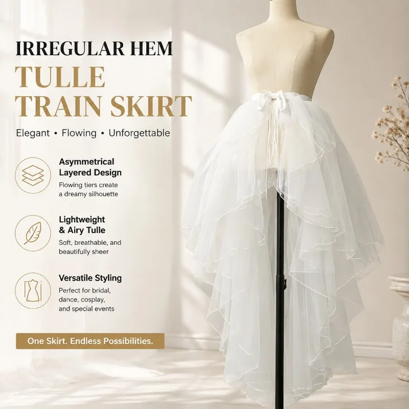 Irregular Hi‑Low Ruffled Three‑Layer Petticoat Daily Dance Cosplay Trailing Half‑Skirt Matching Bow Veil Adult Wedding Registry