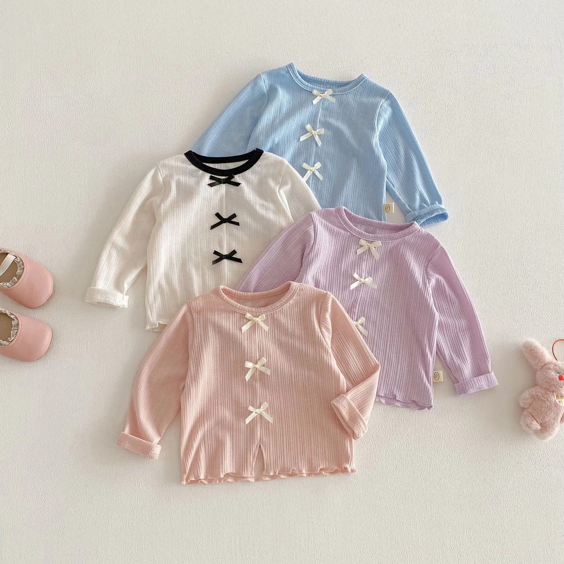 Baby Girls Bow T-shirt 2026 Spring New Korean Baby Girl's Thin Coat Bow Knitted Bottoming Shirt Tops