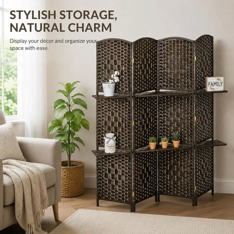Paravent de séparation 4 panneaux 160 x 170 cm, cloison pliante en bois avec 2 étagères, écran de séparation intérieur, pliable et décoratif, meuble de rangement pour salon, chambre, bureau, dressing, appartement, décoration maison
