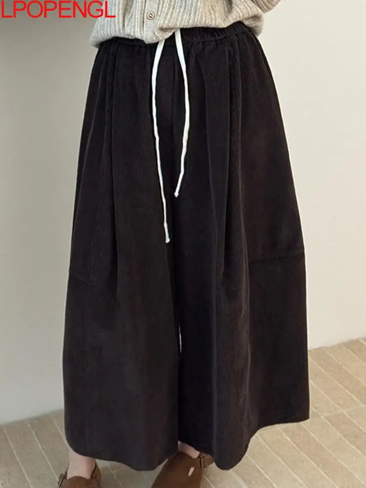 

Модные однотонные свободные брюки 202, осень и зима, новые корейские широкие брюки, женские вельветовые винтажные винтажные брюки на шнурке