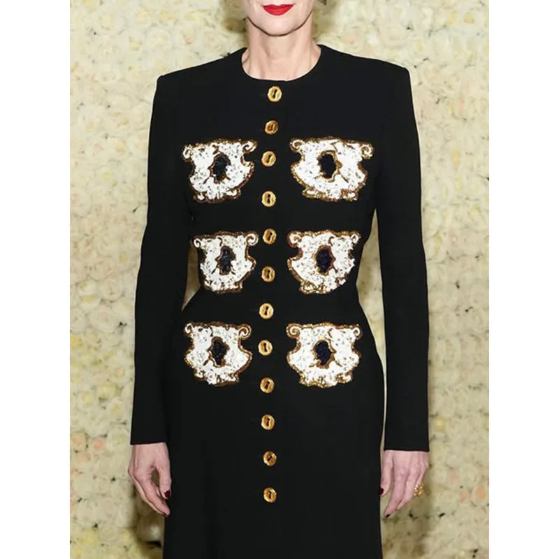 HUISONG Personality Pattern Patchwork Long Coat Round Neck Long Sleeve Hit Color Elegant Jacket Female Fashion Autumn Winter