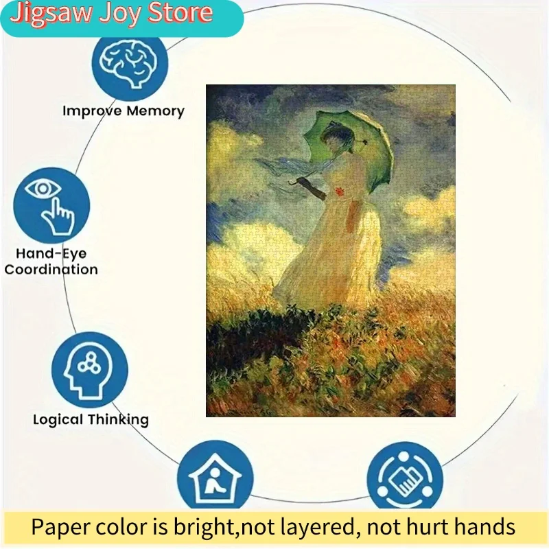 500/1000pcs Puzzle, DIY Paper Puzzle, Monet Umbrella Woman Pastoral Oil Painting Style Puzzle, Adult Puzzle, Suitable for Home