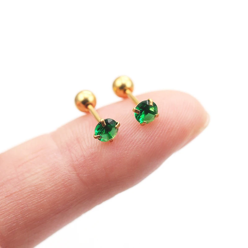 2PC Stainless Steel Little Green Cubic Zirconia Ear Studs Earrings For Women Tiny Helix Tragus Piercing Earring Korean Jewelry