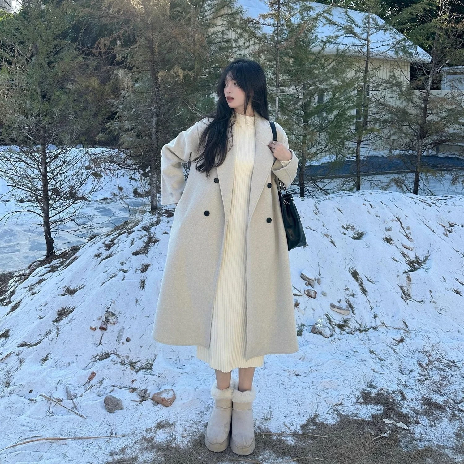 Oat Apricot Korean Wool Blend Trench Coat Women 2026 Autumn Winter Mid Length Petite Outerwear Elegant Warm Jacket