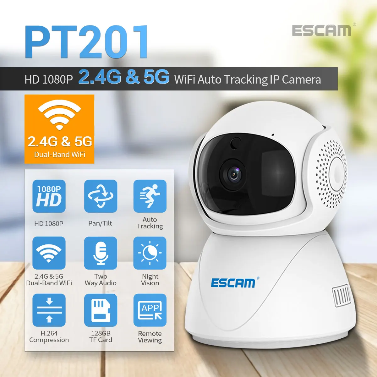ESCAM PT201 2MP 1080P 2.4G&5G Dual Network Wireless WIFI IP Camera Home Security  PTZ Dome Baby Monitor