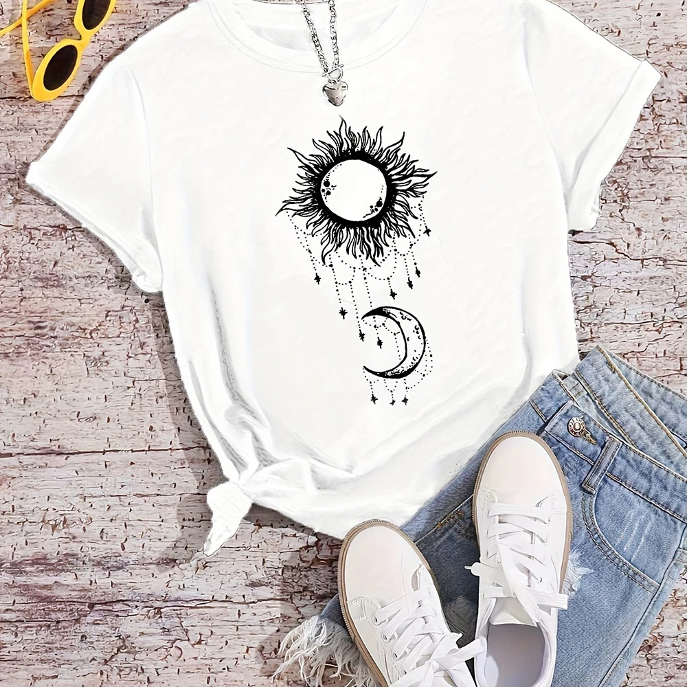 Fashion Designer Print Sun And Moon Pattern Women's Loose T-shirts Summer Casual Short Sleeves Tees Tops Women Clothing Pullover