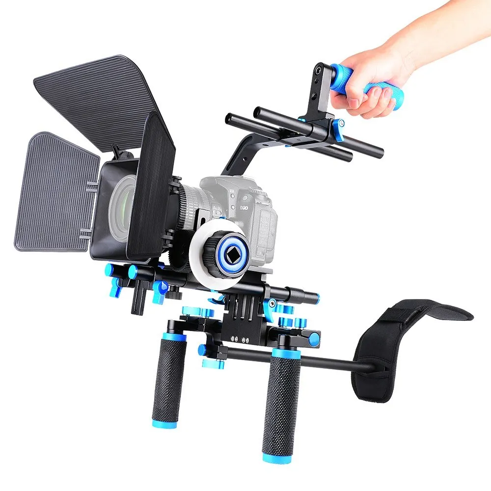 D102 Camera Camcorder Video Cage Kit Film Making System with Cage Shoulder Pad 15mm Rod Matte Box Follow Focus Handle Grip for C