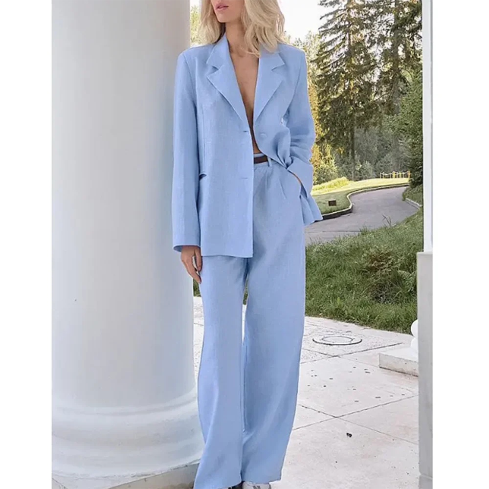 Elegant Light Blue Linen Women Suit Single Brested Jacket Pants 2 Piece Female Clothing Loose Casual Office Lady Balzer Set