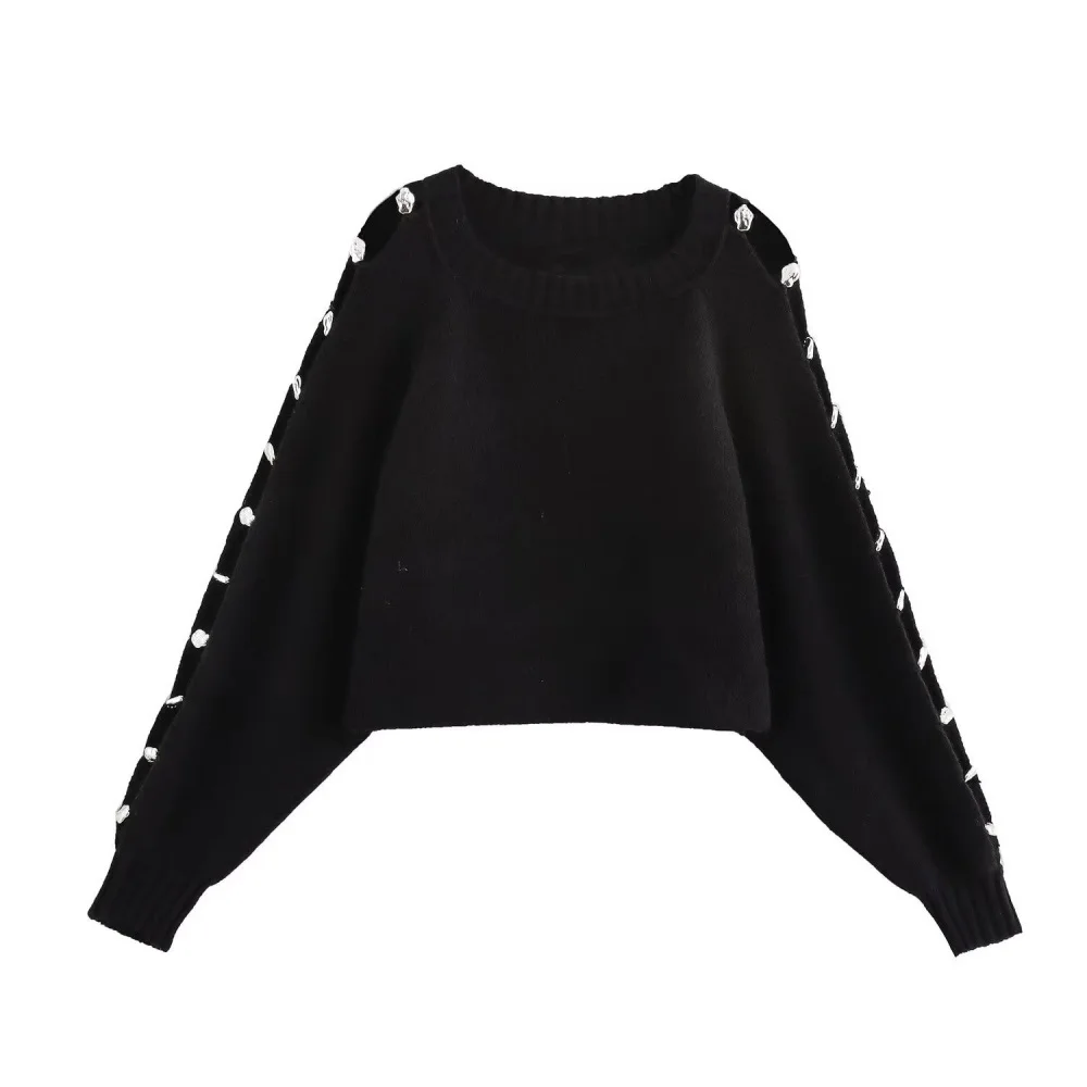 Women\'s Ball Decoration Sleeve Knitted Sweater Round Neck Long Sleeve Hollow Out Autumn/Winter New Hooded Sweater