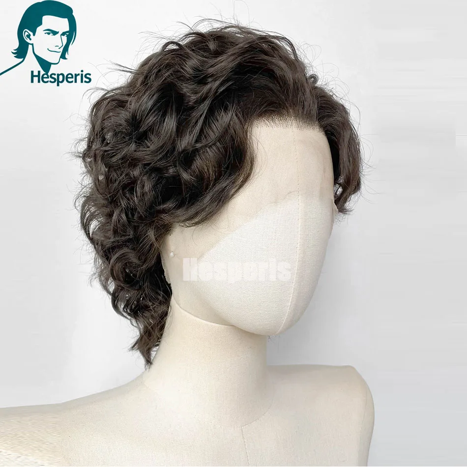 Hesperis Men Wig Human Hair Curly Short Pixie Cut Lace Front Wig Pre Styled Male Cosplay Wig Natural Color Boy Cut Lace Frontal