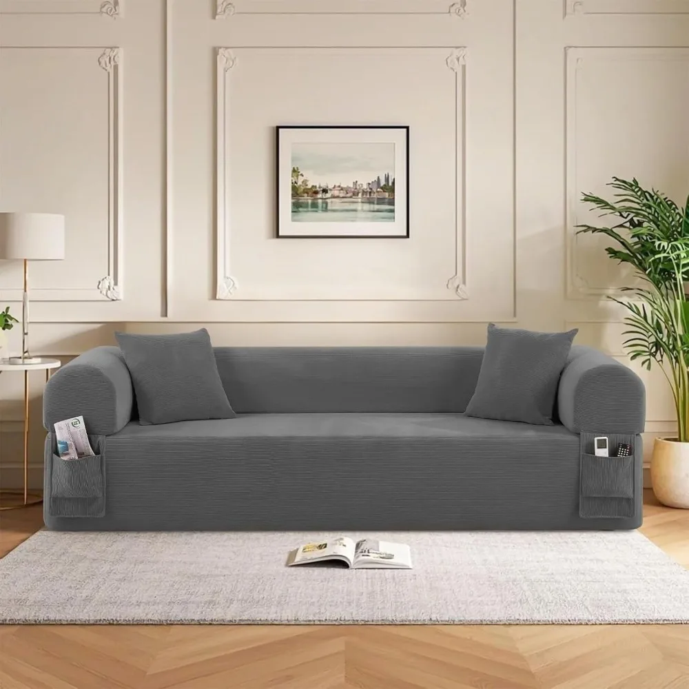 

83" Sofa in a Box, 3-Seater Sofa with 2 Matching Pillows, No Assembly, Corduroy Fabric & Side Storage Pockets Sofa