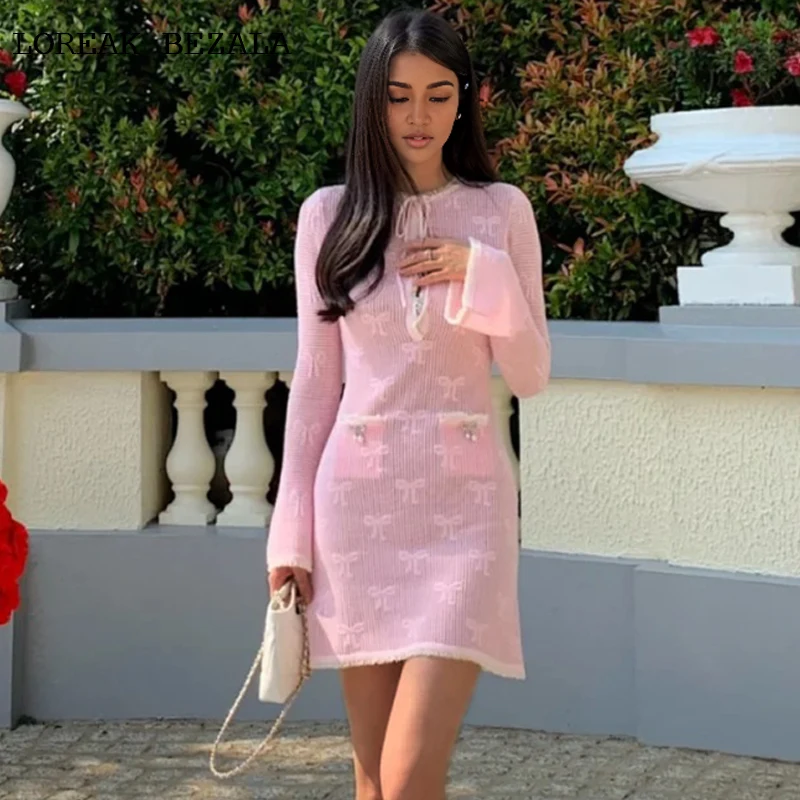 

Knitted Dress white Elastic 2025 Spring / Summer New Collar Strap Bow Jacquard Horn Sleeve Pink Knitted Dress
