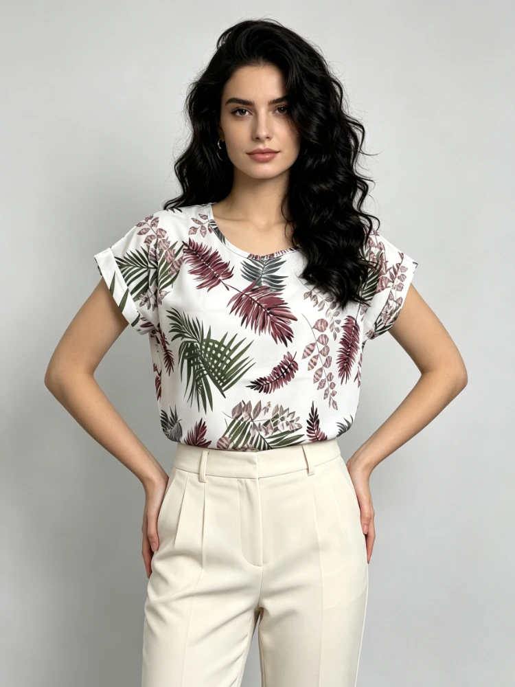 Autumn White Bat Sleeve Red Printed T-Shirt Summer New Flower Women's Shirt Casual Versatile Vacation Lightweight Breathable Top