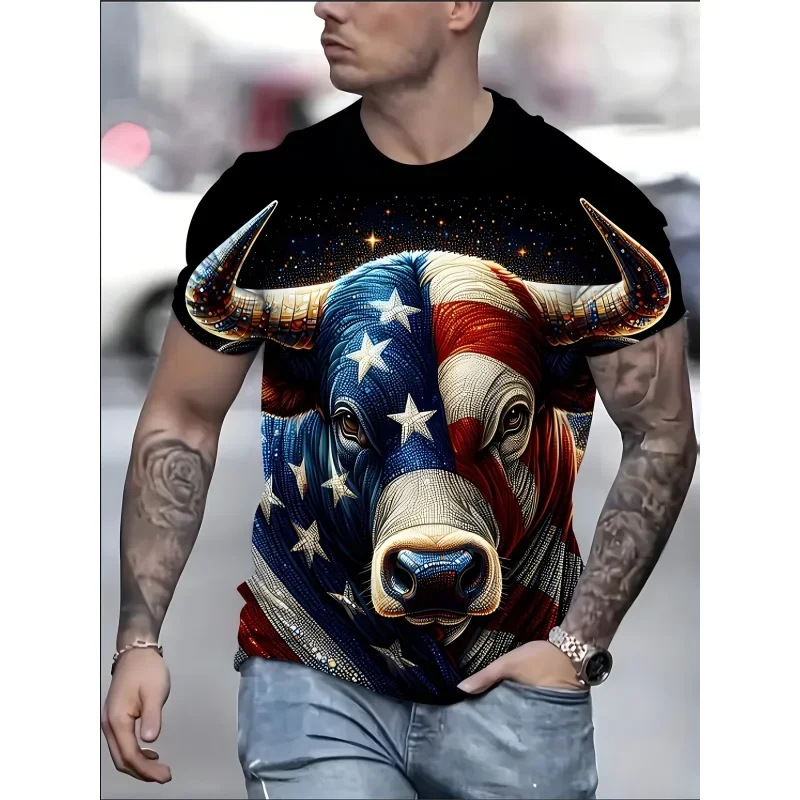 American Flag Pattern T Shirt for Men Retro Beef Sheep 3D Printed Tees Summer Street Short Sleeve Round Neck Tops Loose T-Shirts