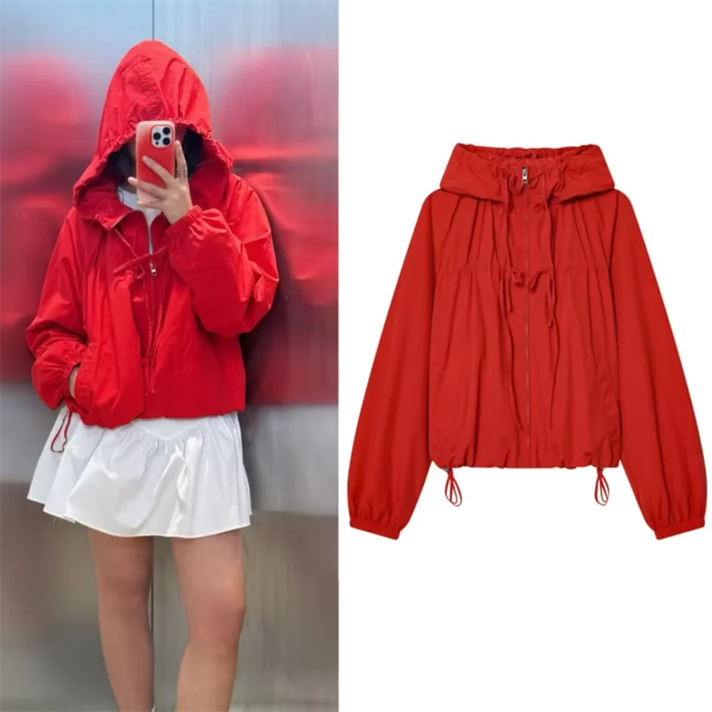 Fashion Versatile Women's Jacket 2026 Autumn New Red Long-Sleeve Drawstring Decorative Festive Hoodie Zipper Cardigan Casual