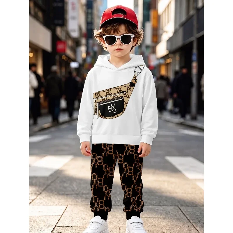 Boys Hooded Jogger Tracksuit, Printed Waist Bag, Plaid Bear & Line Bear Graphic, Kids Casual Streetwear Outfit