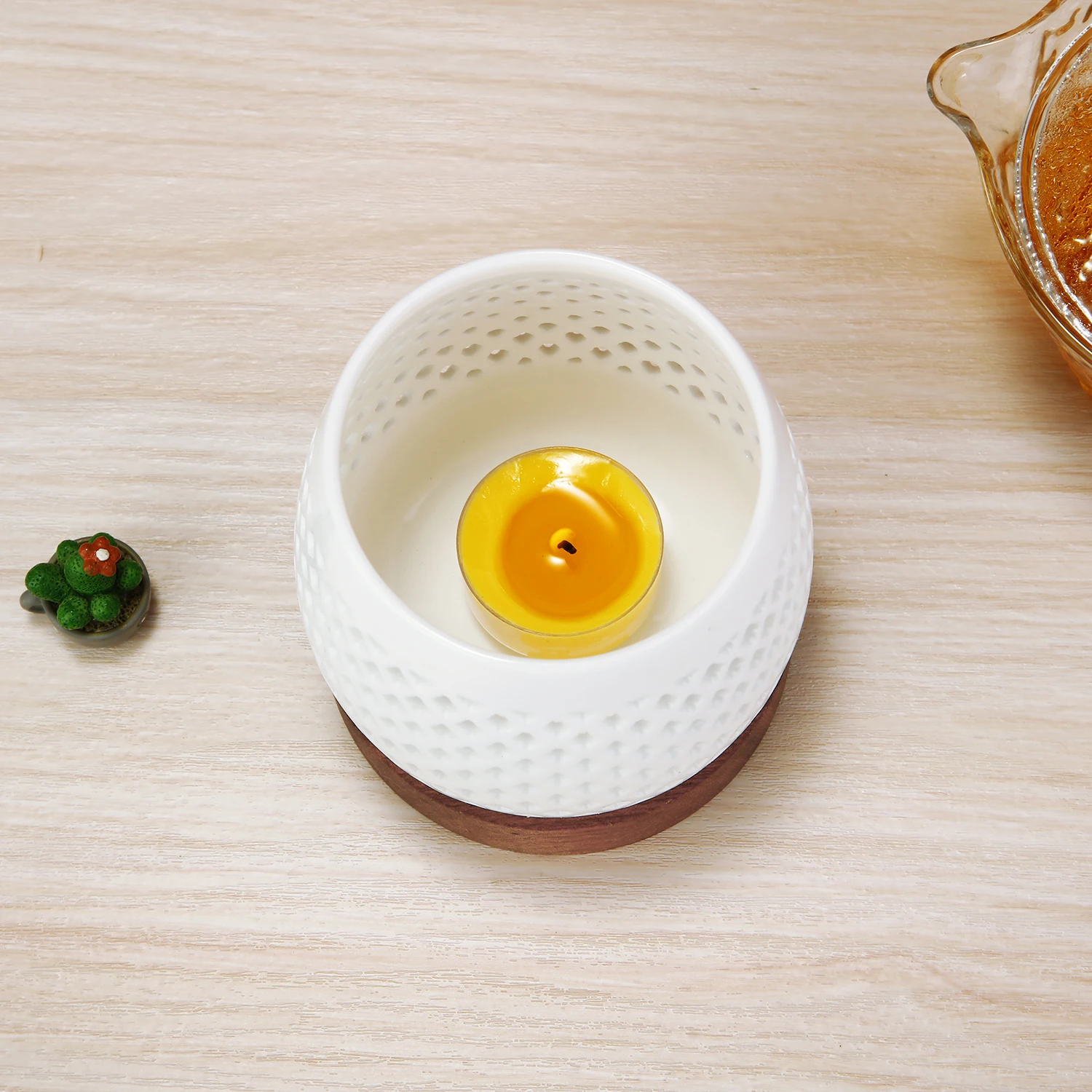 Keramik-Kerzenhalter, Aromatherapie-Heizhalter für Kräuter, Aromatherapie-Räuchergefäß mit Holzsockel für Yoga SPA – Detail 5
