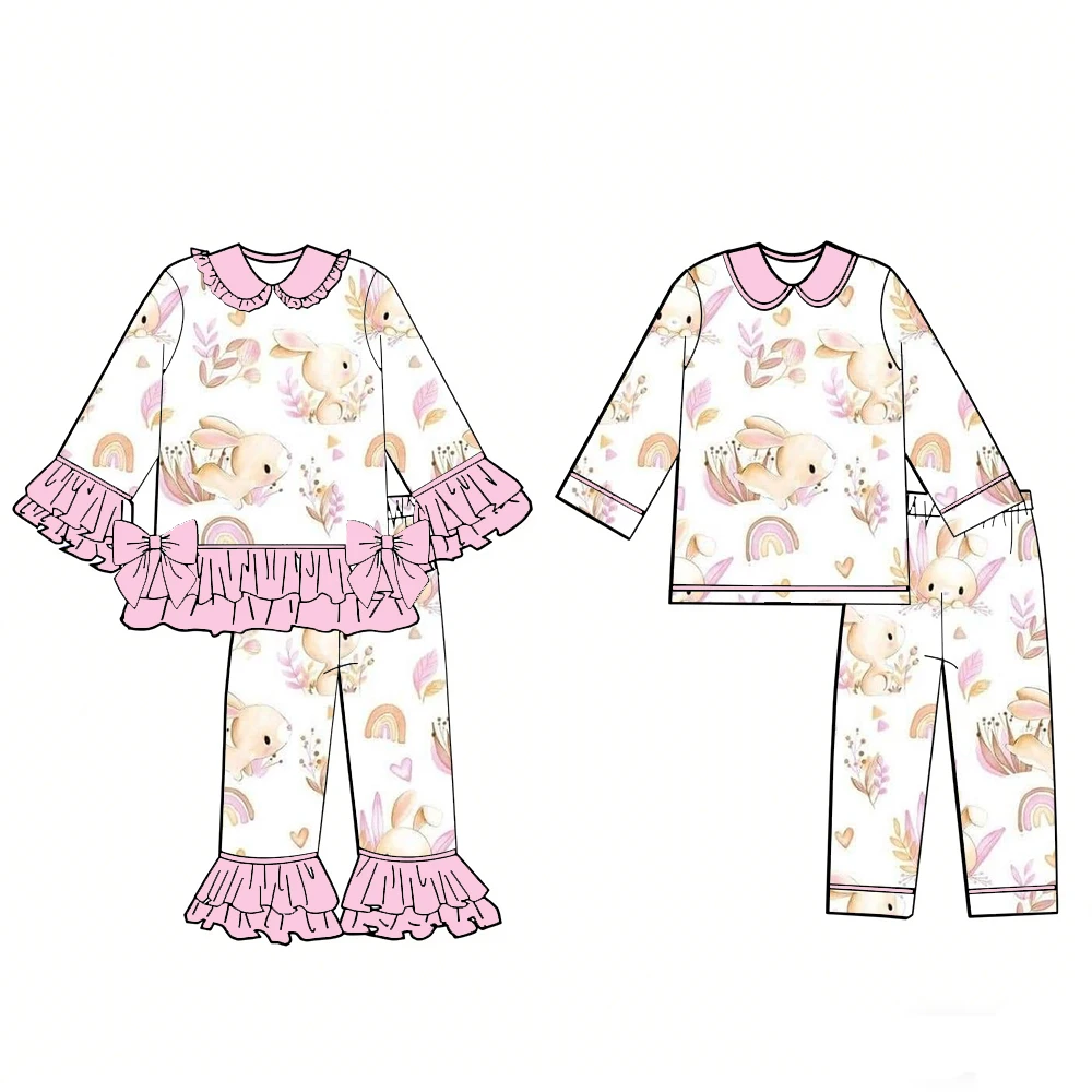 New high-end kids pajama set rabbit butterfly and floral print long sleeves long pants double-layered ruffle bow embellishments